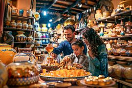 family enjoying honey at a Moroccan souk