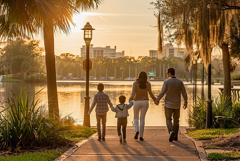 A family strolls along the Lake Mirror Promenade in Lakeland, Florida, surrounded by calm water, gardens, and evening light—a perfect start to a family adventure.