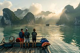 Sunrise on Ha Long Bay, Quang Ninh Province — an iconic start to any Vietnam family tour and a perfect base for kayaking among limestone karsts.