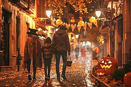 A family explores Madrid’s lantern-lit streets on Halloween night, capturing the wonder and warmth of the world’s best Halloween travel destinations.