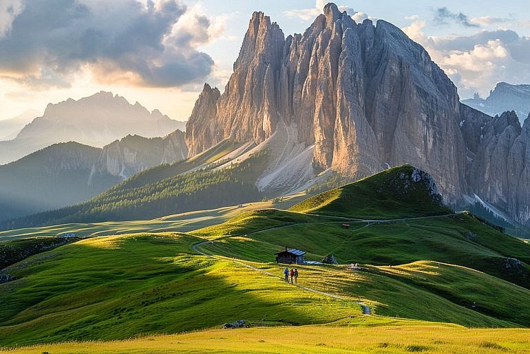 Hikers walking along the Seceda ridgeline in Val Gardena with sweeping views of the Odle peaks, a classic start for Dolomites hiking in Italy.