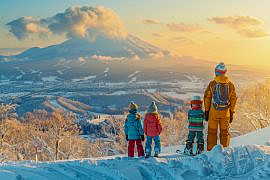 Mount Yōtei from a snowy overlook in Niseko, one of Hokkaido’s most scenic and family-friendly destinations for ski holidays in Japan.