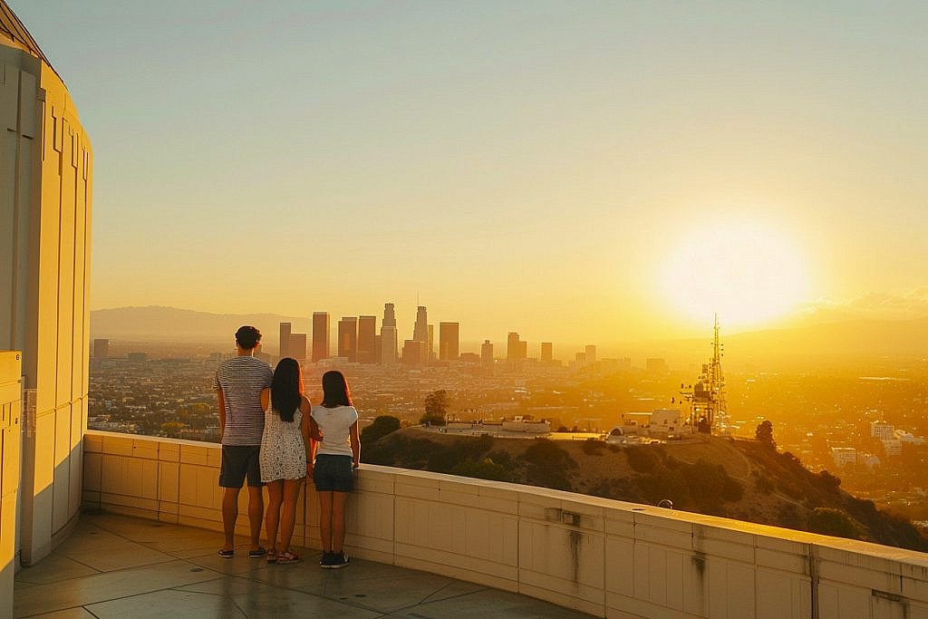 A family enjoys golden-hour views of Los Angeles and the Hollywood Sign from the terraces of Griffith Observatory, the perfect starting point for a full day of things to do in Hollywood.