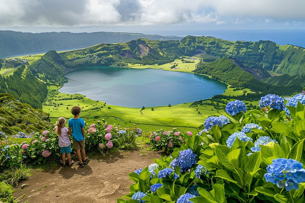Sete Cidades on São Miguel Island is one of the most iconic Azores landscapes, where families can stand inside a volcanic crater overlooking twin lakes of emerald green and deep blue.