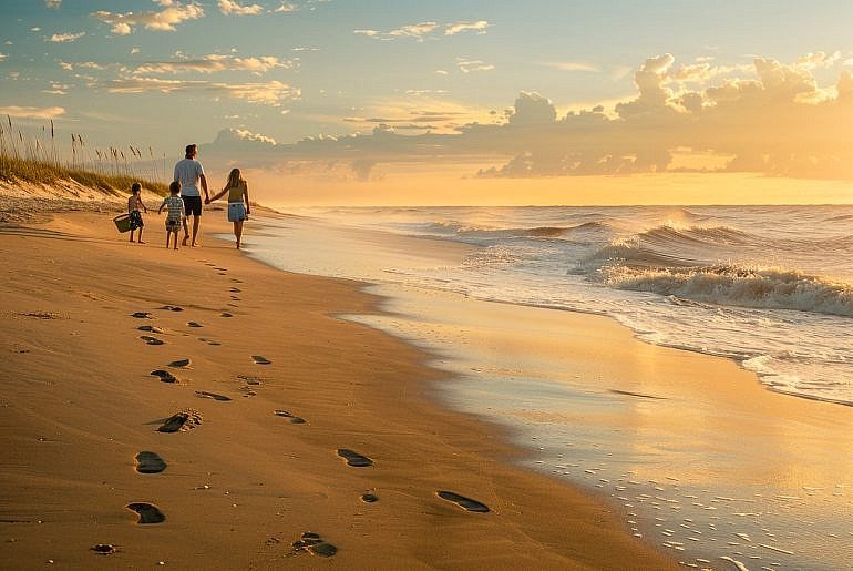 Sunrise at Corolla Beach in North Carolina’s Outer Banks with kids, where wide sands and quiet mornings set the tone for a family adventure.