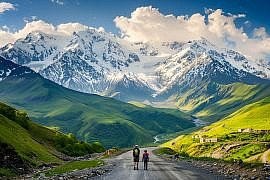 Family standing on a mountain road in the Greater Caucasus Mountains Georgia during a Georgia holiday, overlooking remote alpine villages.