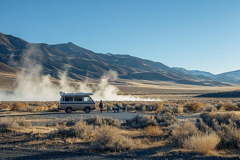 Family campervan parked near Spencer Hot Springs in central Nevada during a Nevada road trip to Nevada hot springs.