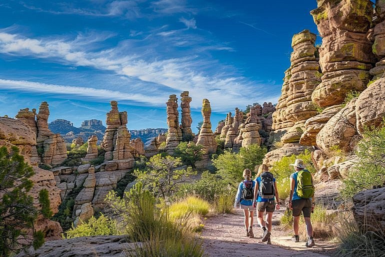 Family hiking Echo Canyon Trail in the Chiricahua Mountains inside Chiricahua National Monument, Arizona Sky Islands landscape.