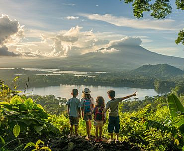 Family overlooking Lake Arenal and Arenal Volcano near El Castillo Costa Rica, illustrating things to do in El Castillo Costa Rica for families.