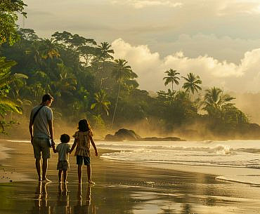 Family exploring remote beach in Drake Bay Costa Rica with kids on the Osa Peninsula