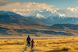 Family walking through alpine grasslands in Shangri-La Yunnan with kids, showcasing high-elevation outdoor adventure travel.