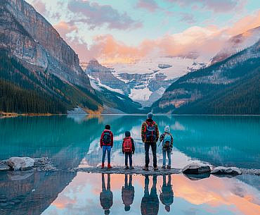 Family standing beside Lake Louise in Banff National Park during a Banff with kids outdoor adventure trip in Alberta, Canada.