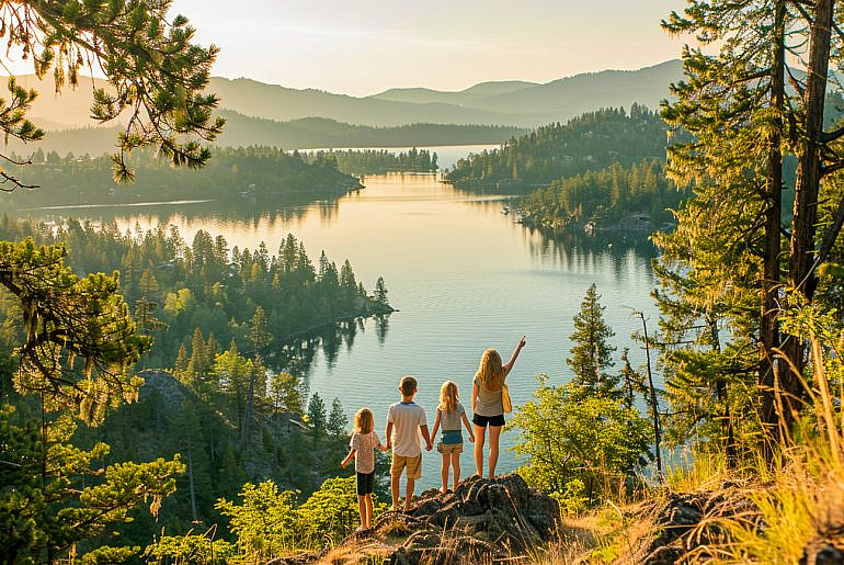 Family overlooking Beauty Bay and Lake Coeur d'Alene from Mineral Ridge during an Idaho family vacation in northern Idaho.