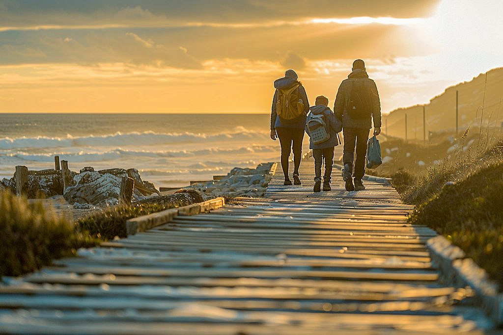 Family walking along a coastal boardwalk near Porto on the Portuguese Coastal Camino with Atlantic Ocean views.