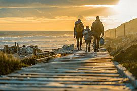 Family walking along a coastal boardwalk near Porto on the Portuguese Coastal Camino with Atlantic Ocean views.