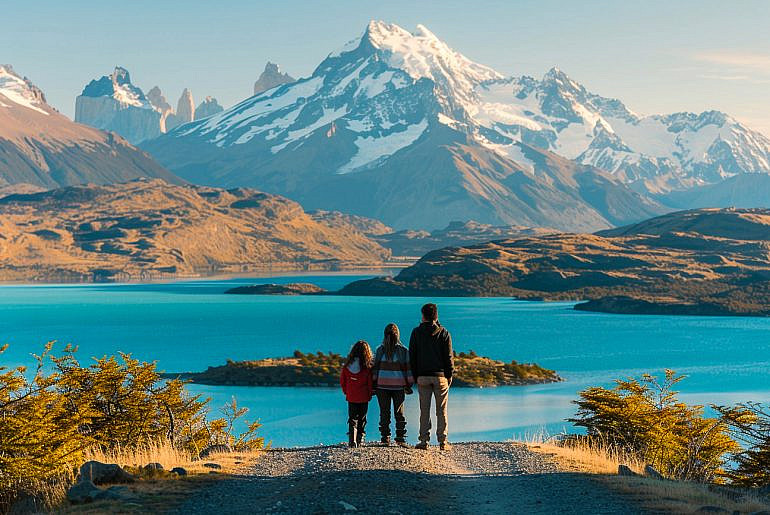Family overlooking General Carrera Lake on the Carretera Austral in Chilean Patagonia during an outdoor adventure family road trip.