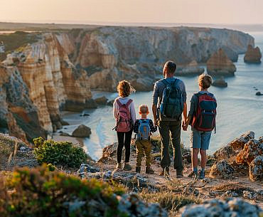 Family overlooking the Algarve coast in Portugal while using Holafly eSIMs during long-term Europe and Middle East family travel.