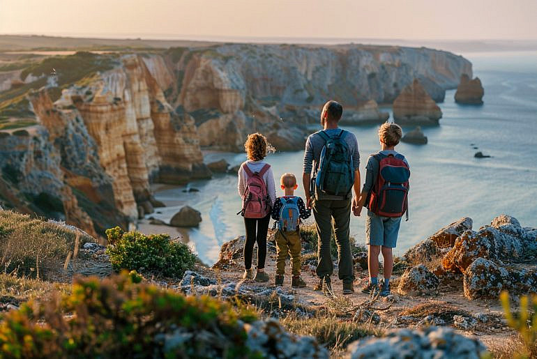 Family overlooking the Algarve coast in Portugal while using Holafly eSIMs during long-term Europe and Middle East family travel.