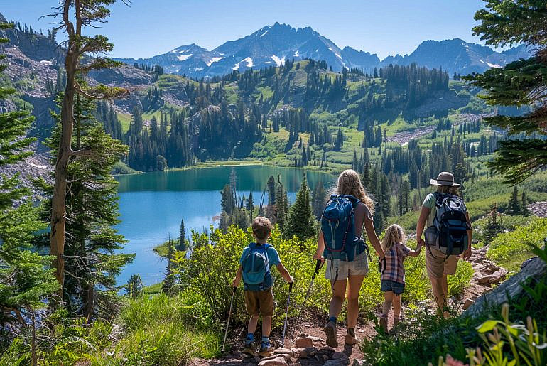 Family hiking toward Bloods Lake near Park City during an outdoor adventure family travel experience in Utah's Wasatch Mountains.