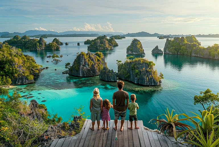 Family standing at Pianemo viewpoint in Raja Ampat with kids overlooking limestone islands and turquoise lagoons in Indonesia.