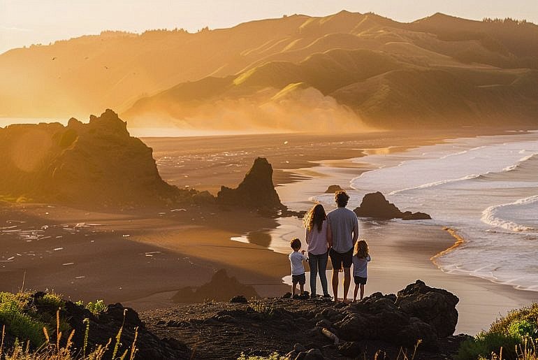 Family overlooking Black Sands Beach on the Lost Coast in California during an outdoor adventure family trip.