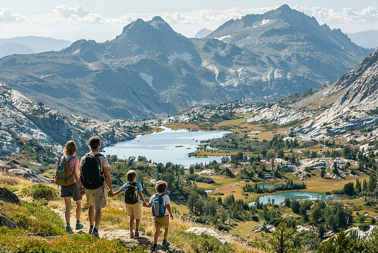 Family hiking above the Sky High Lakes Basin in the Marble Mountains California on a scenic alpine trail.