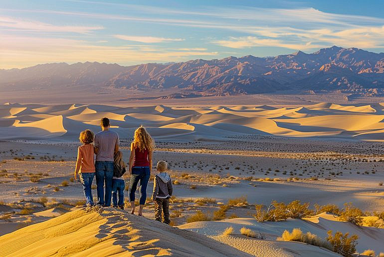 Family standing on Kelso Dunes in Mojave National Preserve during sunrise, showcasing one of the best family adventures in the Mojave Desert.