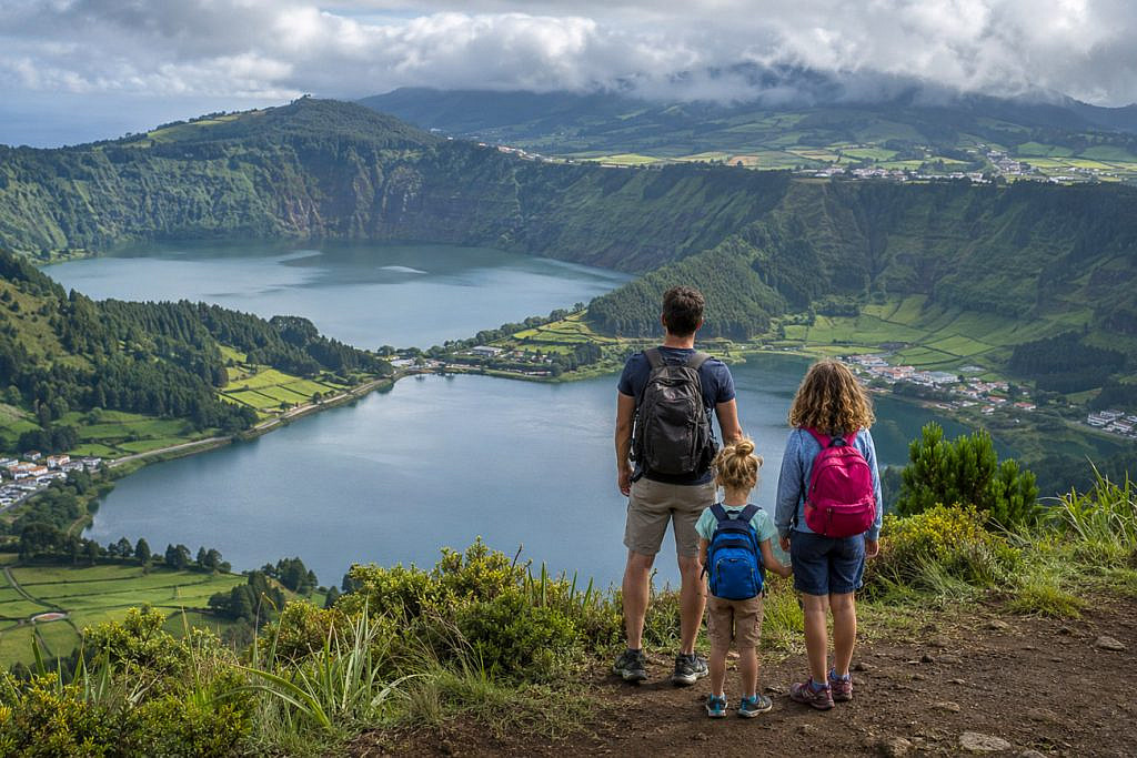Family overlooking Sete Cidades lakes in the Azores, one of the best family adventure destinations for outdoor travel.