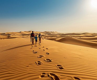 Family walking through Al Marmoom Desert Conservation Reserve, one of the outdoor things to do in Dubai with kids.