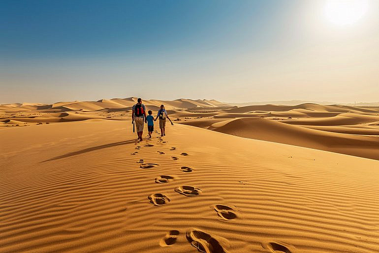 Family walking through Al Marmoom Desert Conservation Reserve, one of the outdoor things to do in Dubai with kids.