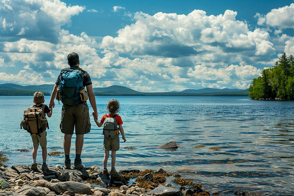 Family overlooking Rangeley Lake while exploring things to do in Rangeley Maine with kids.
