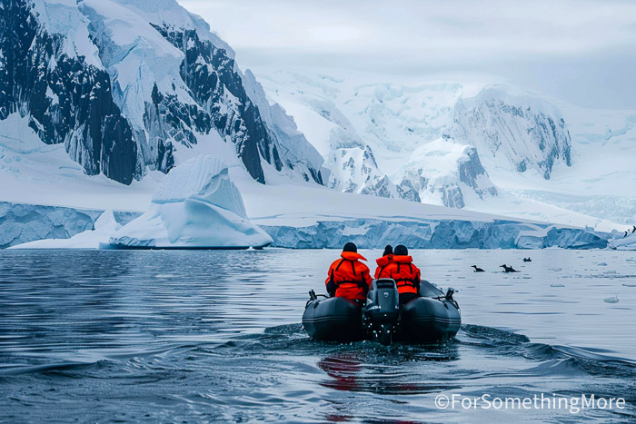 Family riding a Zodiac among icebergs on the Antarctic Peninsula during a family adventure vacation.
