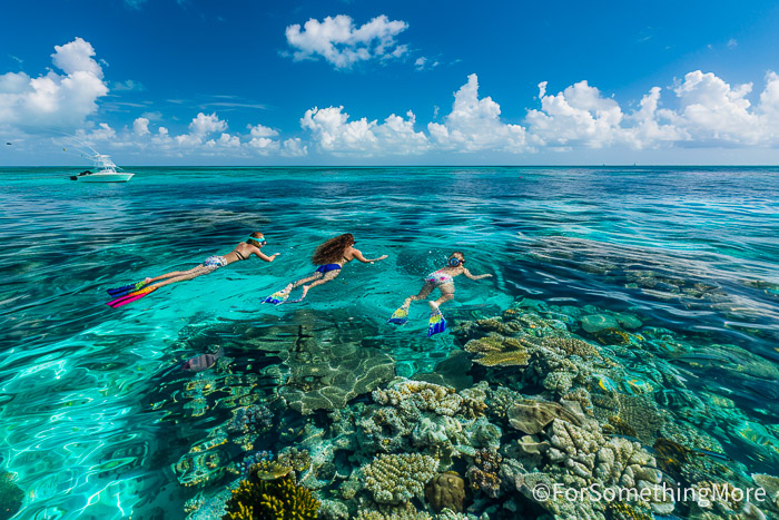 Family snorkeling at Hol Chan Marine Reserve in Belize, a top family adventure destination for reef exploration.
