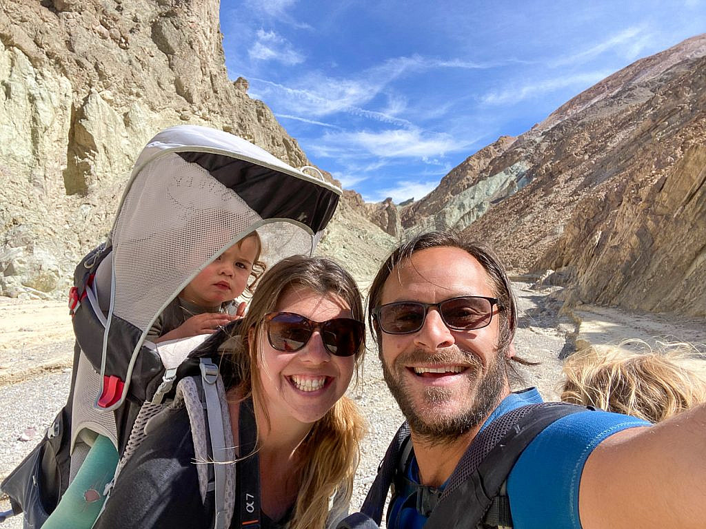 Family hiking through Gower Gulch in Death Valley National Park during a Death Valley with kids adventure.