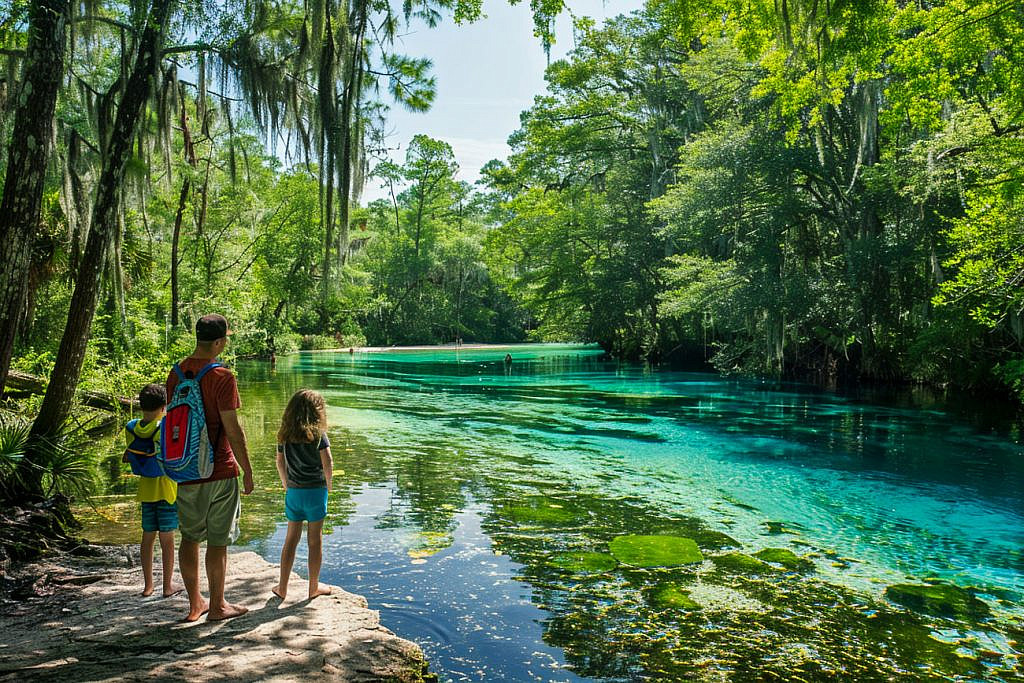 Family exploring Ichetucknee Springs State Park during an outdoor Florida with kids adventure.