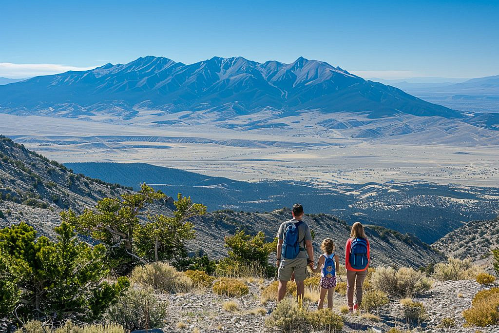 Family overlooking Wheeler Peak and the Snake Range during a Great Basin National Park with kids trip.