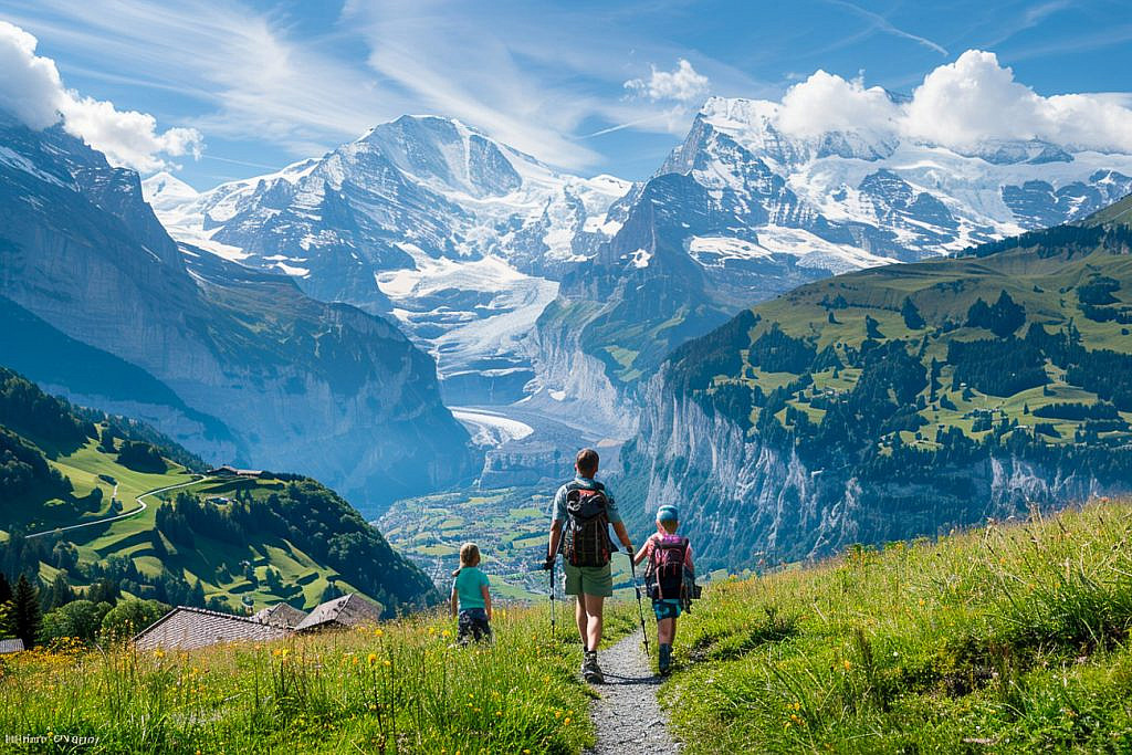 Family hiking in Europe on an alpine trail near Wengen in the Bernese Oberland, Switzerland.