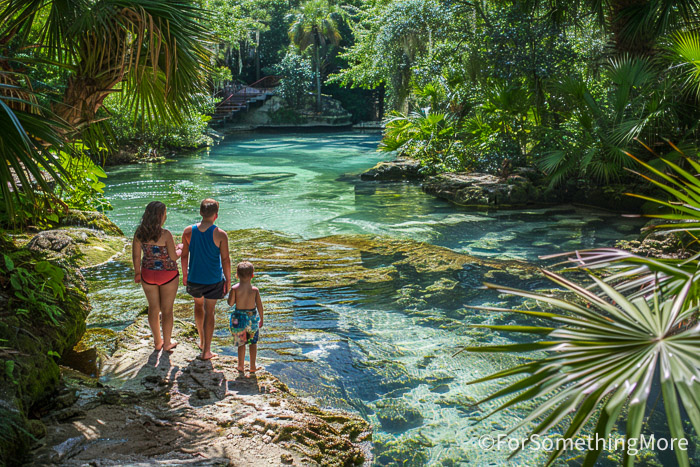 Family overlooking clear spring water at Rainbow Springs State Park during a Florida with kids trip.