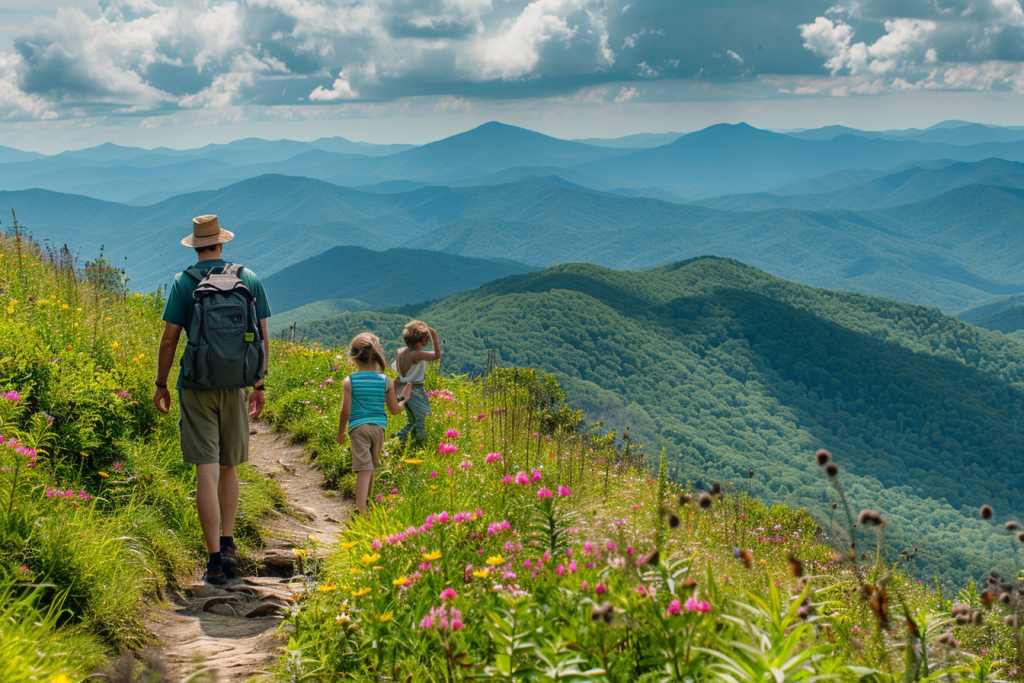 Family hiking near Craggy Gardens on the Blue Ridge Parkway during an Asheville with kids trip.