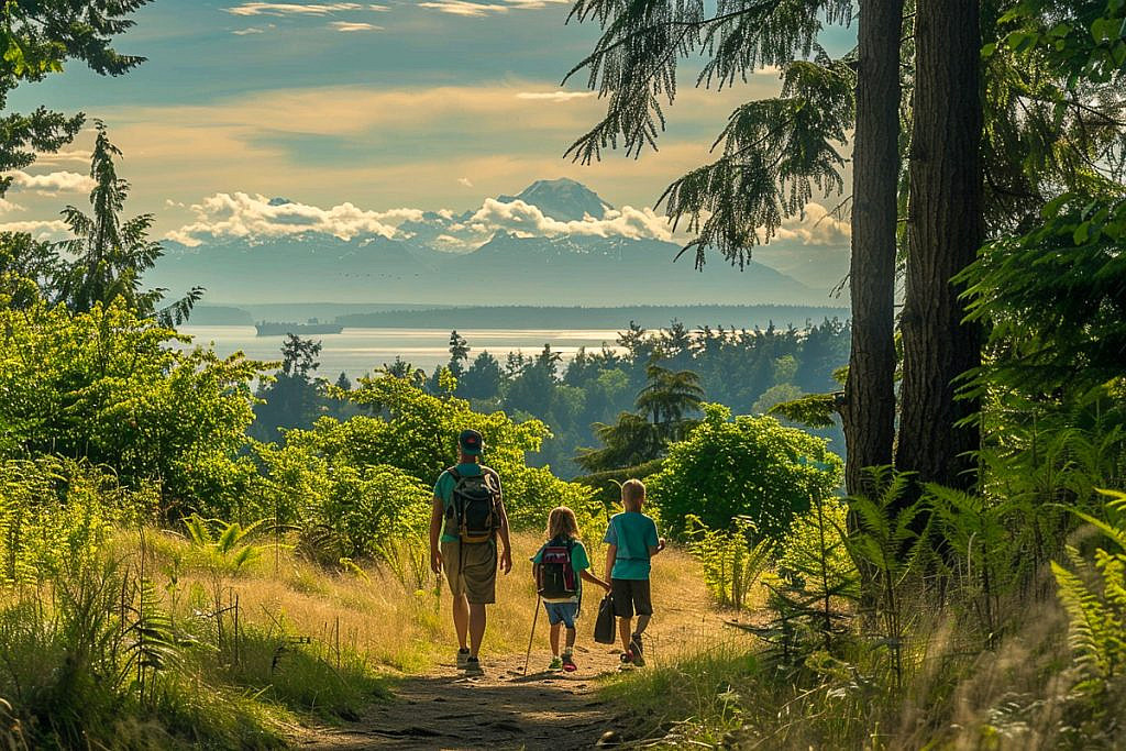 Family hiking in Discovery Park with Puget Sound and the Olympic Mountains during a Seattle with kids trip.