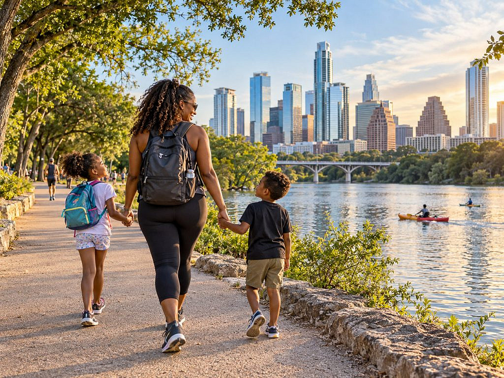 Family strolling along the waterfront during an Austin with kids outdoor adventure.
