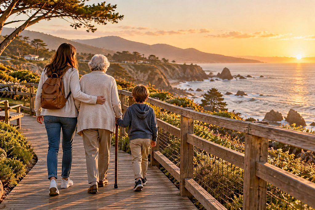 Traveling with aging parents Adult daughter, aging mother using a cane, and young grandchild walking along a coastal boardwalk at sunset during a multigenerational family trip.