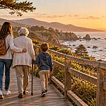 Traveling with aging parents Adult daughter, aging mother using a cane, and young grandchild walking along a coastal boardwalk at sunset during a multigenerational family trip.
