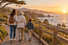 Traveling with aging parents Adult daughter, aging mother using a cane, and young grandchild walking along a coastal boardwalk at sunset during a multigenerational family trip.