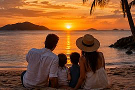 Family watching sunset from a quiet Caribbean beach.