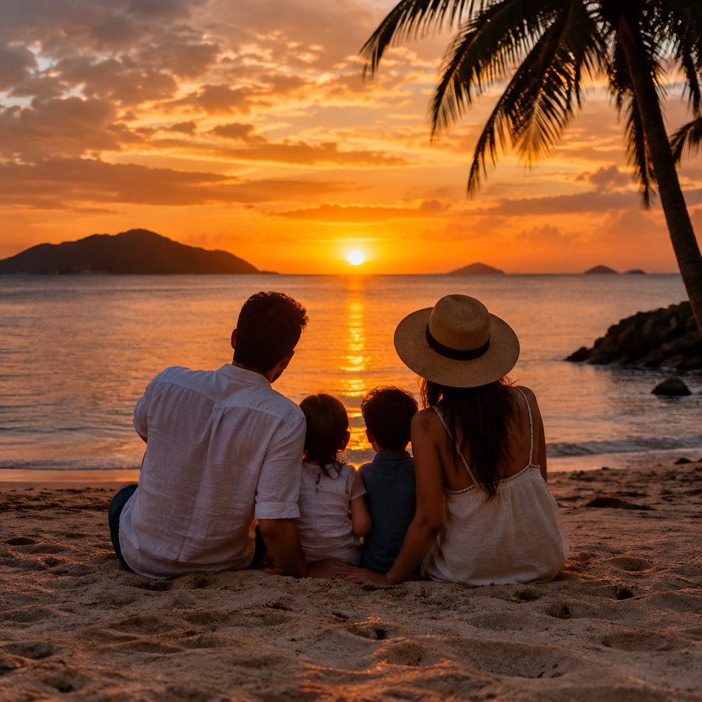 Family watching sunset from a quiet Caribbean beach.