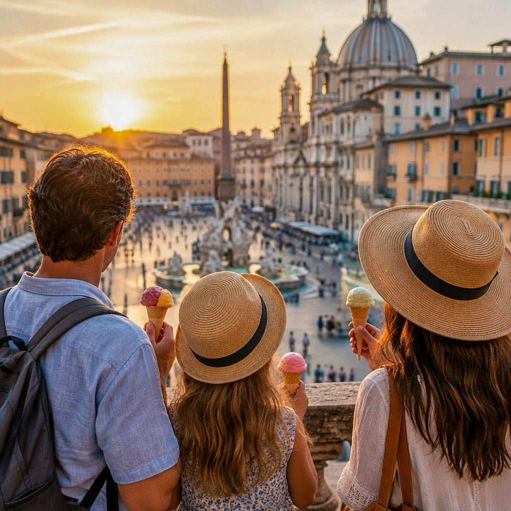 Family enjoying gelato during a food-focused trip in Italy.