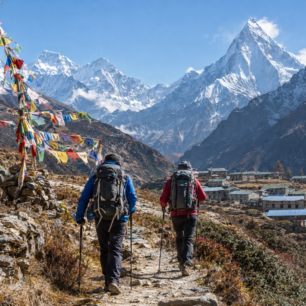 Experienced hikers trekking through the Himalayas in Nepal.