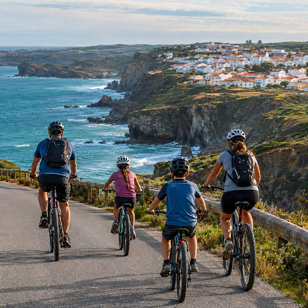 Family cycling along a scenic Portuguese coastline during a Portugal cycling holiday.
